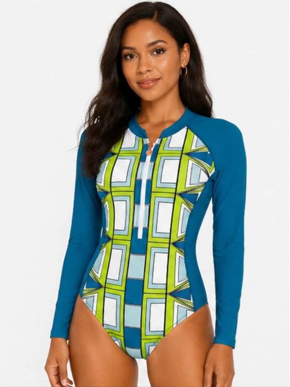 AS ROSE RICH LONG-SLEEVE RASH GUARD Teal & Lime Geometric Swim Suit SIZE XS NWT
